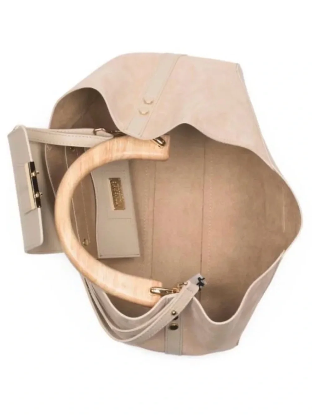 CLAUDIA Firenze Genuine Leather Beige/Cream Satchel Handbag with Wooden Handle